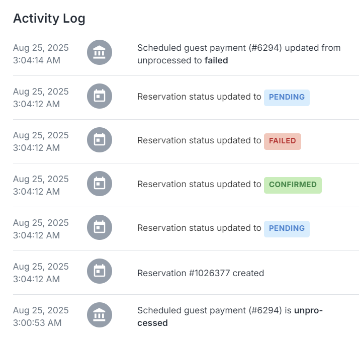 VacayHome Reservation Activity Log